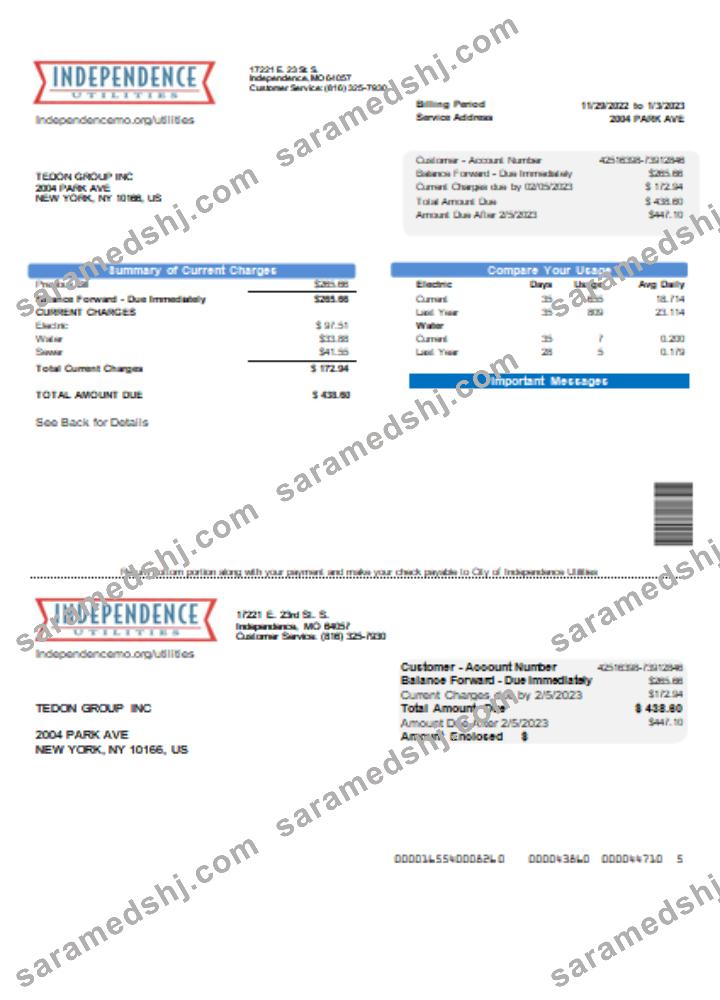 City of Independence Utilities Center (IUC) utility business bill, SCR